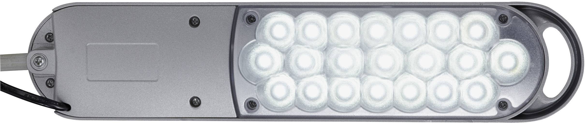 Lampadaire avec des lumières LED dans un boîtier rectangulaire étroit, vue de dessous.