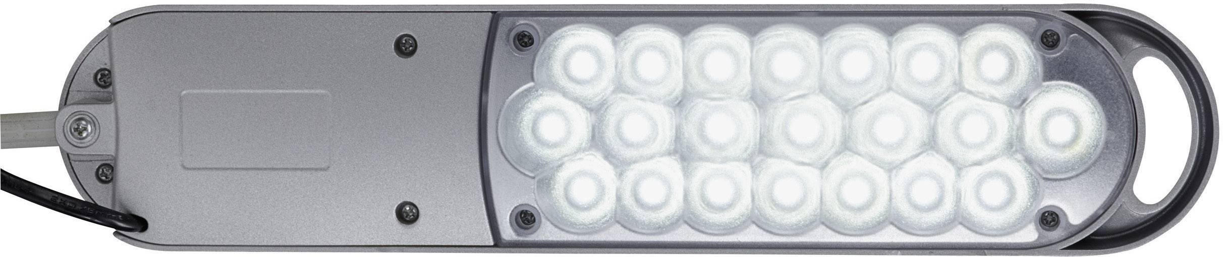 Un lampadaire à LED allumé avec plusieurs LEDs rondes lumineuses disposées en rangées, dans un boîtier métallique.