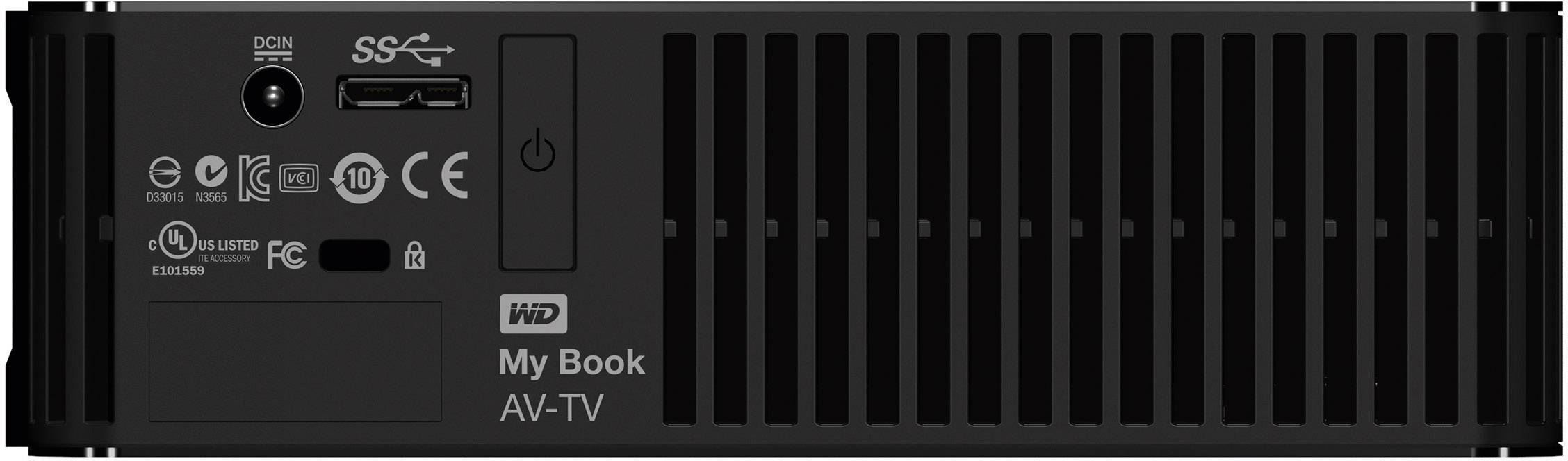 Le dos d'un boîtier de disque dur 'My Book AV-TV' avec connexions USB et d'alimentation, fentes de ventilation et spécifications techniques.