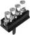 Quatre lampes LED transparentes alignées sur un socle noir, montées sur un composant électrique.
