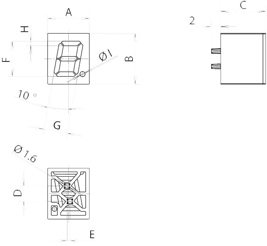 Dessin technique d'un composant électronique avec trois vues : vue de face A, vue latérale C et vue de dessus F. Dimensions et angles indiqués.