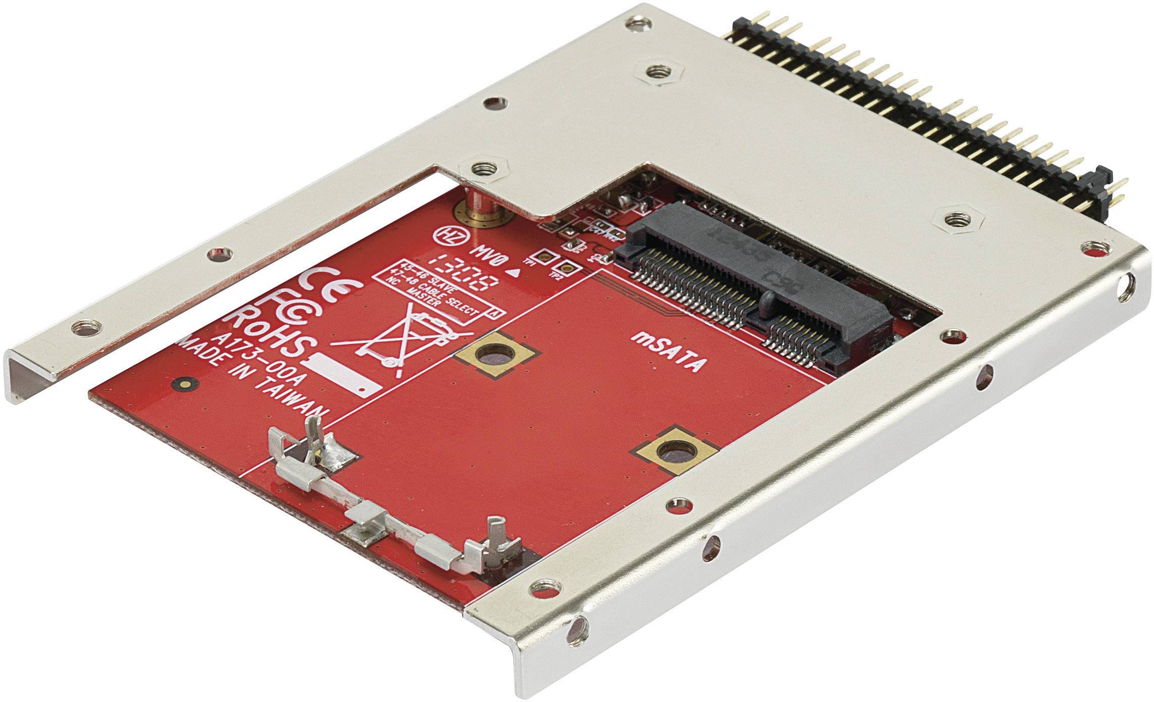 Un adaptateur ou convertisseur pour disques durs mSATA, avec barrette de connexion et trous de fixation pour le montage, dans un cadre métallique argenté.