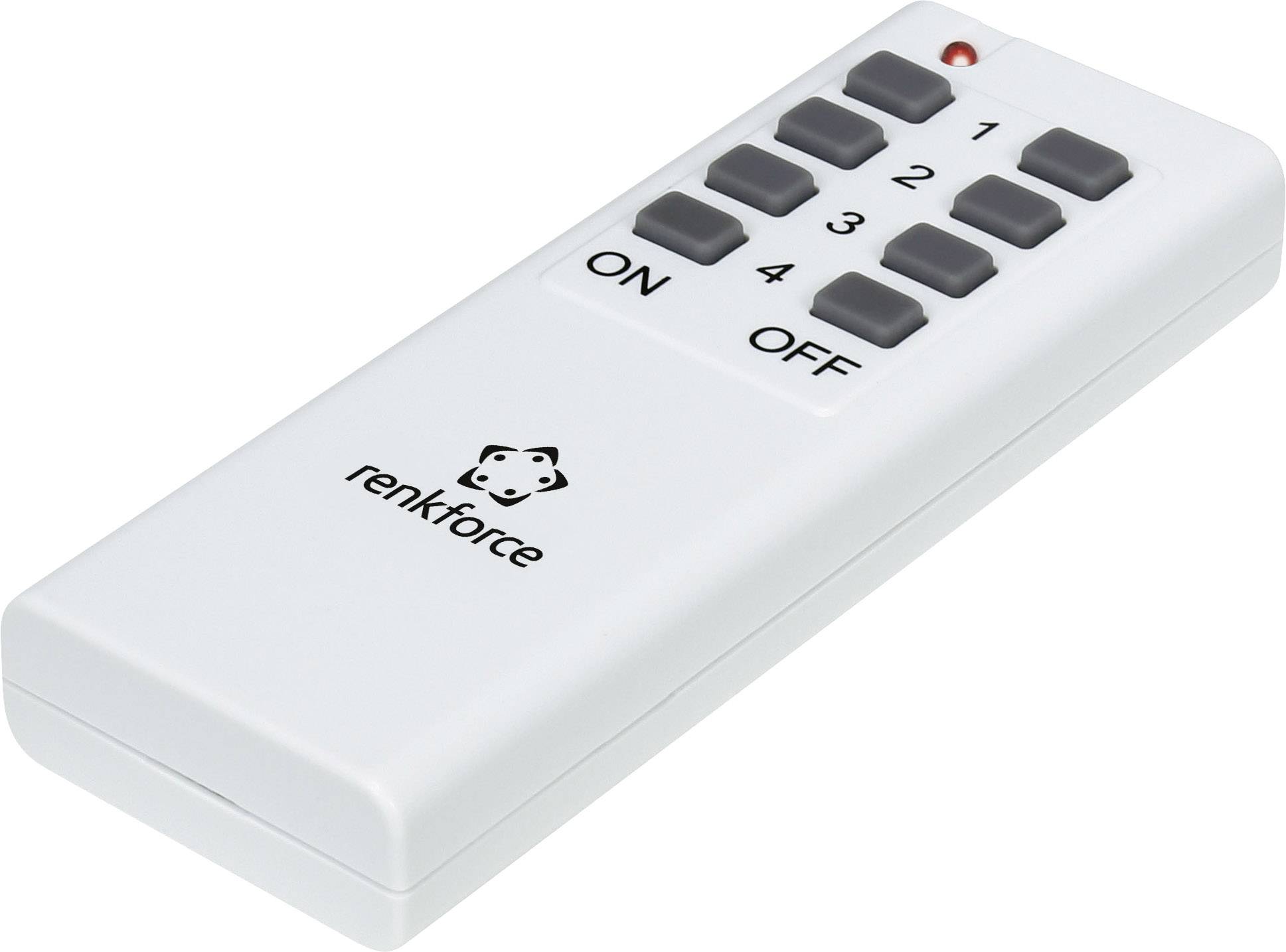 Télécommande blanche de Renkforce avec touches noires, étiquetée '1', '2', '3', '4', 'ON' et 'OFF', avec un témoin LED en haut à droite.