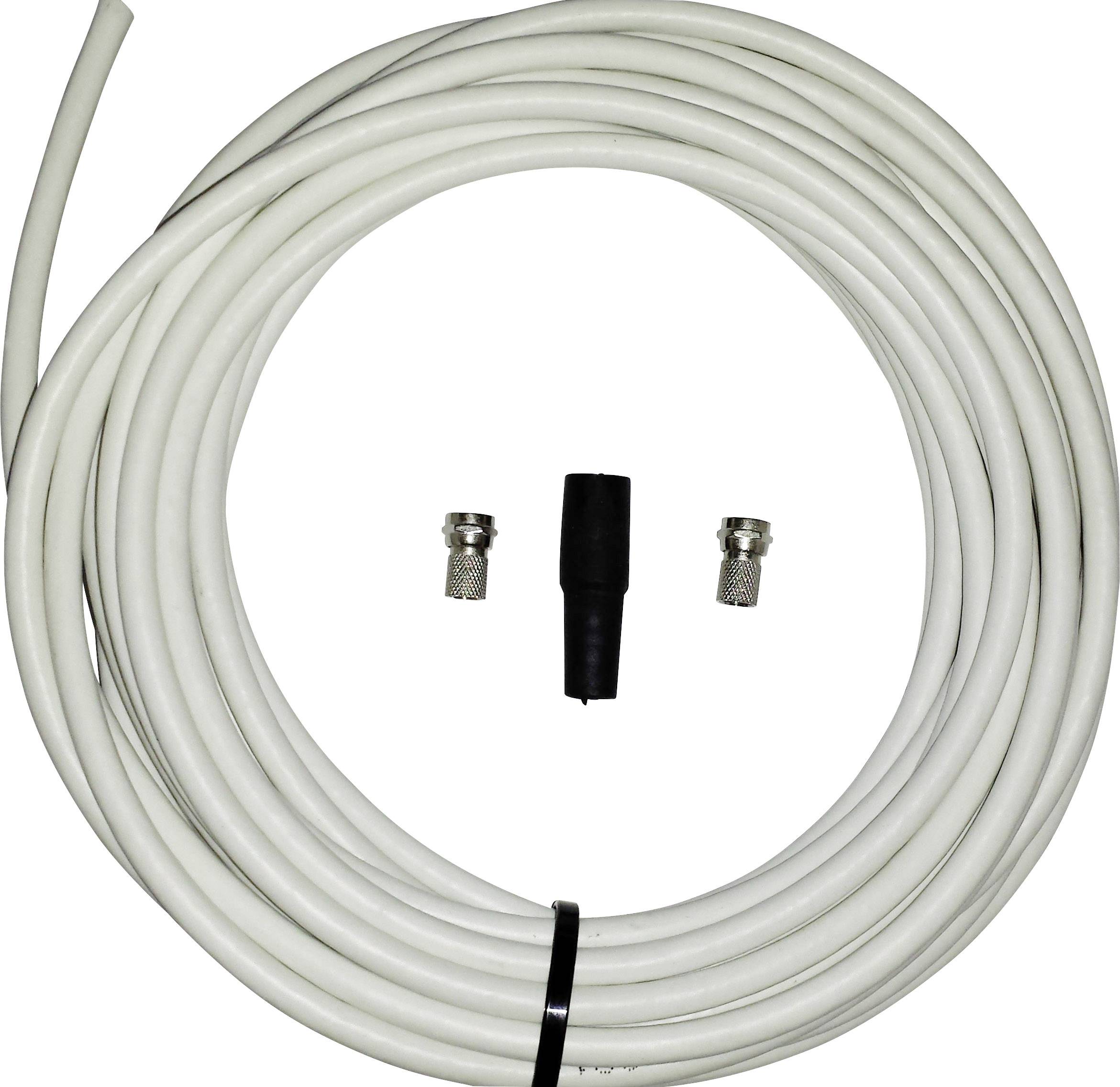 Un câble coaxial blanc avec deux fiches et un connecteur noir, adapté pour les connexions TV ou Internet.