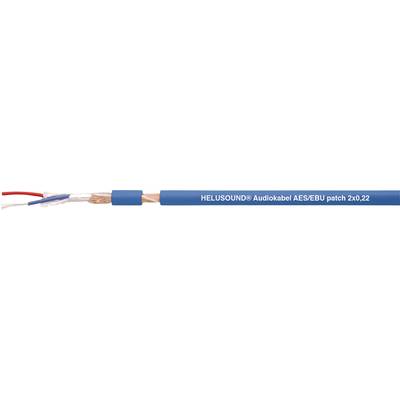 Un câble bleu à côté de fils de cuivre. À droite est indiqué 'HELUSOUND AudioKabel A/SF3U patch 2x0.2'.