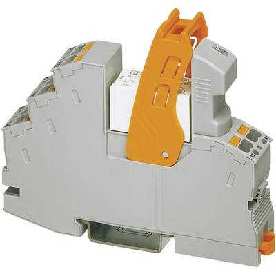 Un relais électrique gris avec un levier orange, adapté au montage sur rail DIN, souvent utilisé dans les armoires électriques.