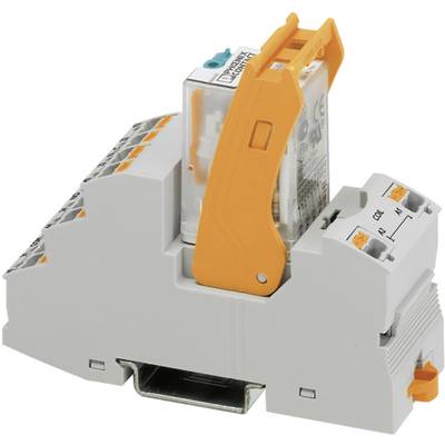 Un relais électrique avec un fusible orange et des bornes, monté sur un rail DIN.