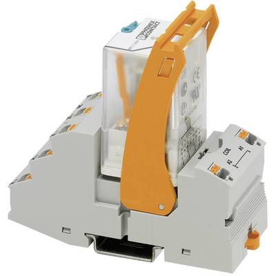 Relais électrique gris-orange sur rail de montage, montrant les contacts et la zone de bobinage. Utilisé pour les circuits électriques dans les armoires de commande.