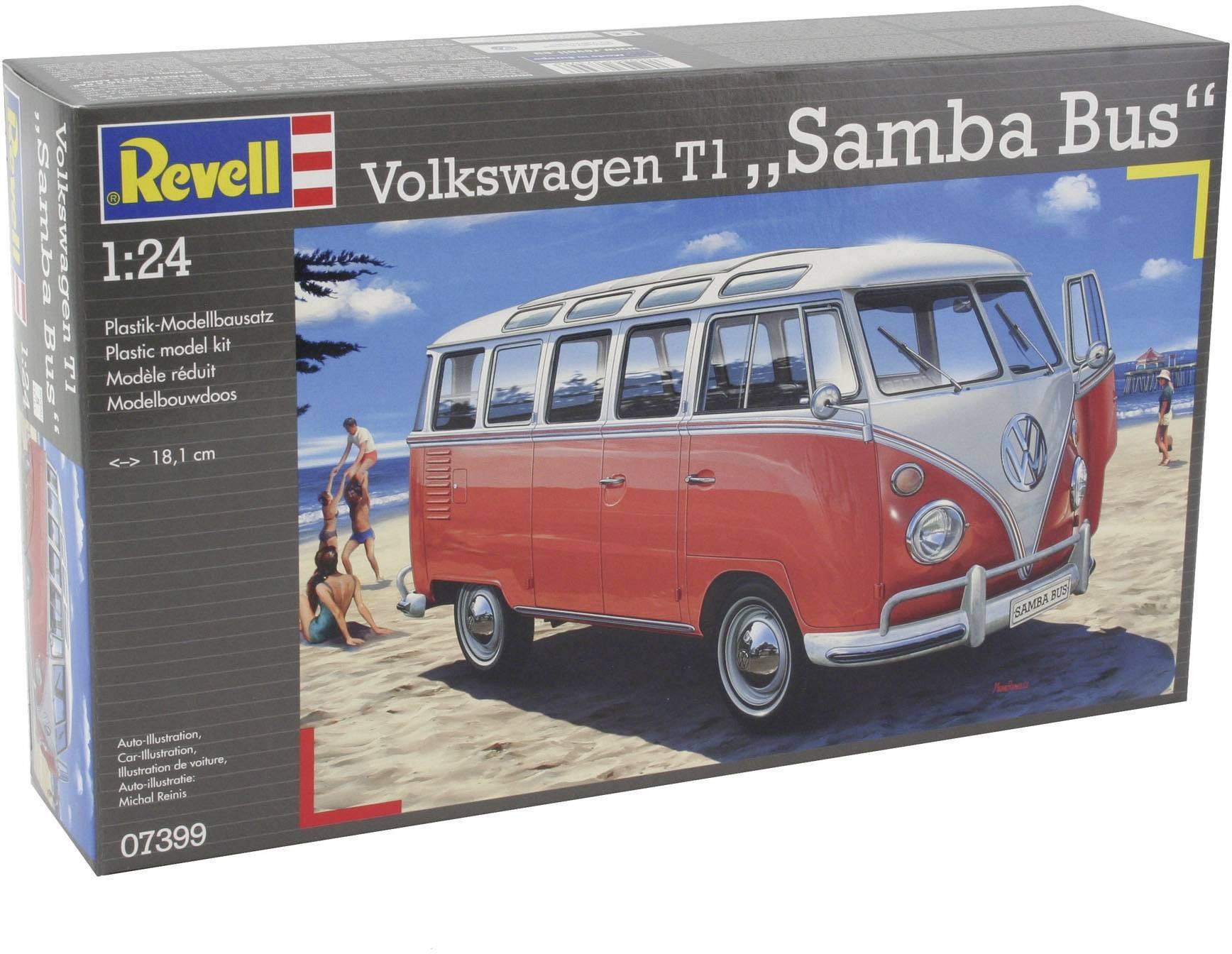 'Revell Volkswagen T1 Samba Bus Kit de modélisme' montre une image d'un bus VW rouge sur une plage avec des personnes en arrière-plan.