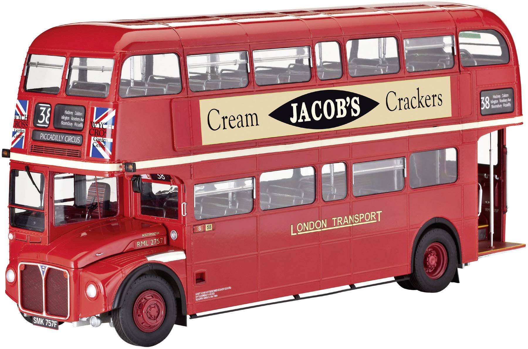 Un bus à impériale rouge portant une publicité pour 'Jacob's Cream Crackers' sur le côté. Il arbore l'inscription 'London Transport'.