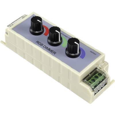 Boîtier de commande avec trois boutons rotatifs pour régler l'intensité lumineuse RVB et le contrôle des couleurs, avec des connexions latérales pour le câblage.