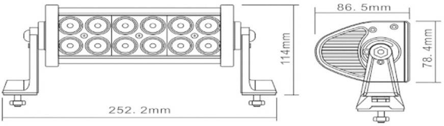 Dessin technique d'une barre lumineuse LED avec dimensions : Longueur 252,2 mm, Largeur 86,5 mm, Hauteur 114 mm. Vue latérale : 78,4 mm de hauteur.