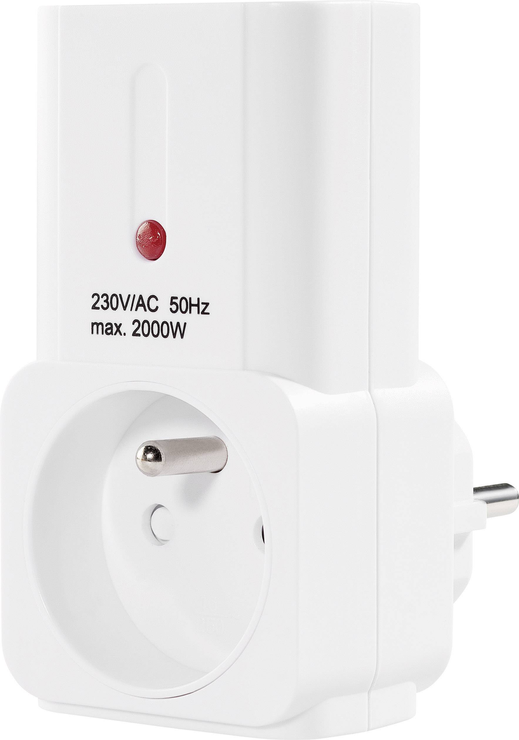 Prise de courant télécommandée blanche avec voyant de contrôle rouge, adaptée pour 230V/AC, 50Hz, puissance maximale de 2000W.