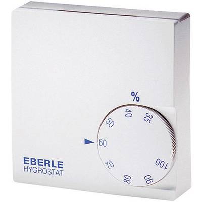 Un hygrostat avec un bouton rotatif. Le régulateur indique l'humidité en pourcentage. Marque 'Eberle'. Principalement en blanc.