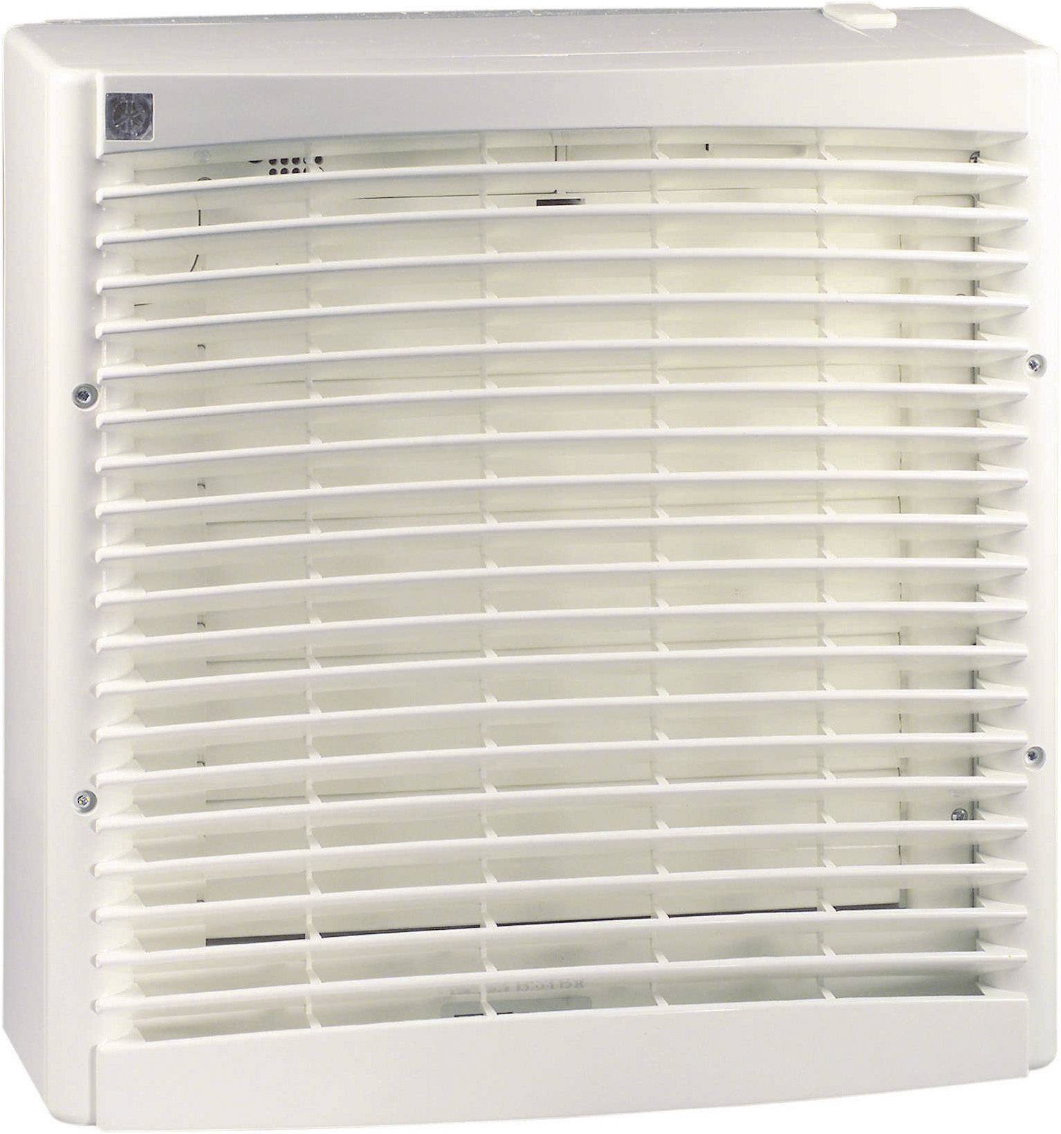 Chauffage-ventilateur blanc monté au mur. Fentes de ventilation horizontales pour diffuser la chaleur.