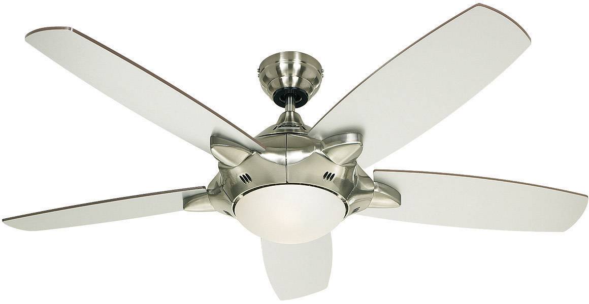 Ventilateur de plafond avec cinq pales blanches et boîtier métallique, design élégant.