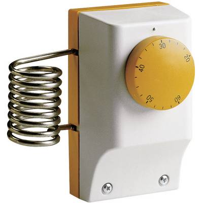 Thermostat mural avec bouton rotatif orange sur un boîtier blanc et un capteur à spirale métallique sur le côté gauche.