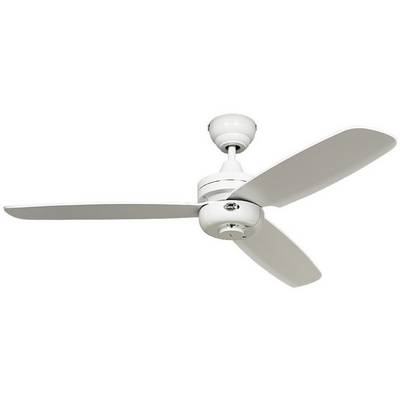 Un ventilateur de plafond blanc à trois pales est représenté au centre, sur un fond blanc.