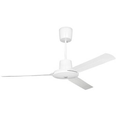 Ventilateur de plafond à trois pales blanches et boîtier blanc, suspendu à une tige blanche.