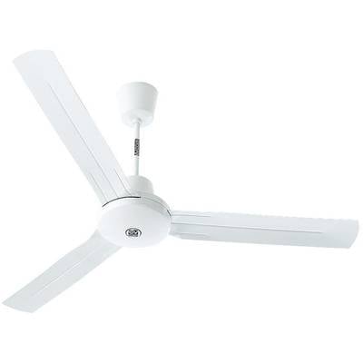 Un ventilateur de plafond blanc à trois pales, monté au plafond, adapté à la circulation de l'air à l'intérieur.