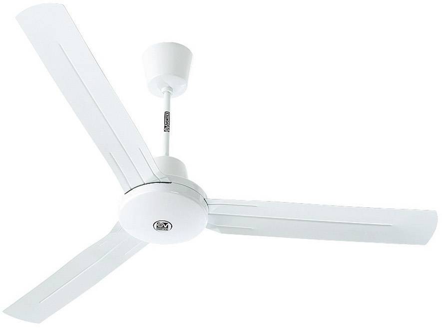 Ventilateur de plafond à trois pales en blanc, vu du dessous, installé au plafond d'une pièce.