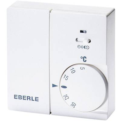 Un thermostat d'ambiance blanc avec un bouton de réglage de 5 à 30 degrés Celsius. En haut, un interrupteur pour sélectionner les modes de fonctionnement.