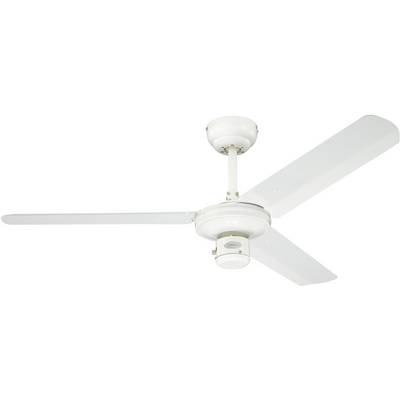 Un ventilateur de plafond blanc avec trois pales plates, monté sur une courte tige fixée au plafond.