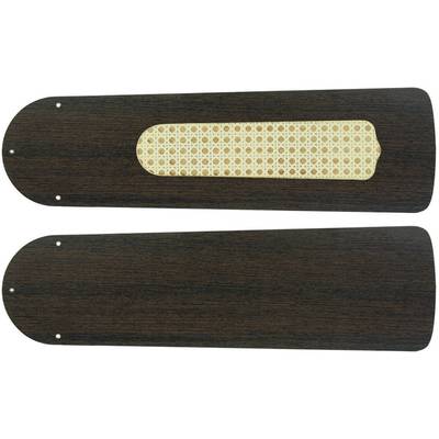 Deux pales de ventilateur en bois brun foncé avec un insert central en motif de panier clair.