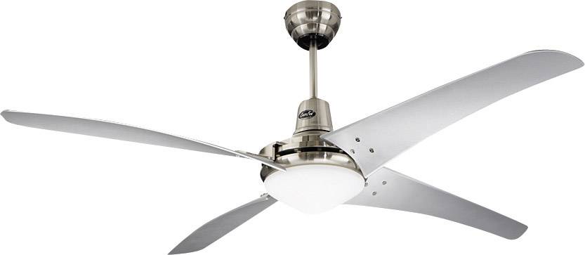 Un ventilateur de plafond moderne avec quatre pales métalliques de couleur argent et un éclairage central.