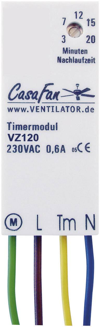 Module Timer de CasaFan avec des temps de post-fonctionnement de 3, 7, 12, 15, 20 minutes. Modèle VZ120, 230VAC, 0,6A. Connexions : M, L, Tm, N.