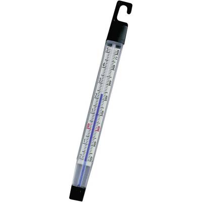 Un thermomètre d'extérieur fin en plastique, affichant des températures de -50 à +50 degrés Celsius, avec un crochet en haut pour l'accrocher.