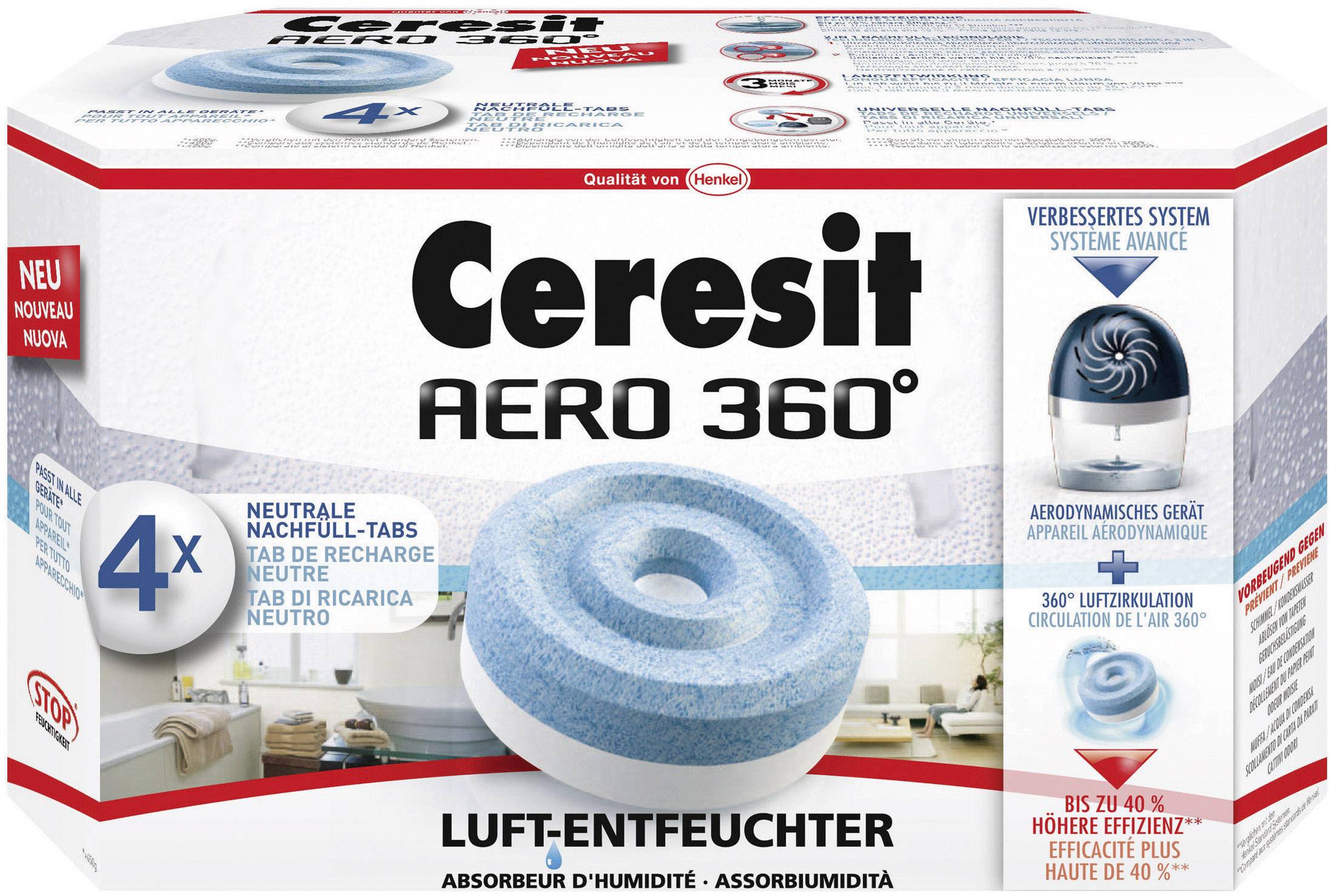 Déshumidificateur Ceresit Aero 360° : Contient 4 recharges. Image du produit dans un environnement domestique. Efficacité jusqu'à 40m².