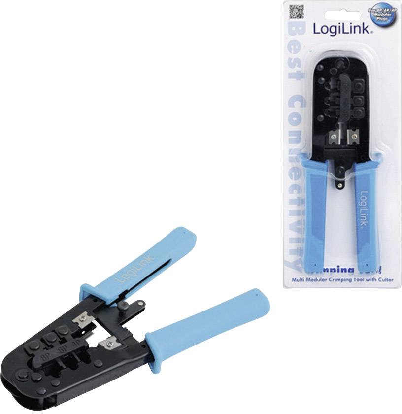 Un outil de sertissage à poignées bleues à côté de son emballage étiqueté 'LogiLink' et 'Outil de sertissage multimodulaire avec coupe-câble'.