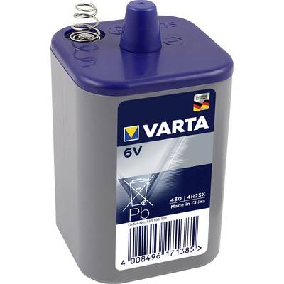Pile de marque Varta, 6V, type 4R25X, fabriquée en Chine. La face avant présente une étiquette de produit avec code-barres.