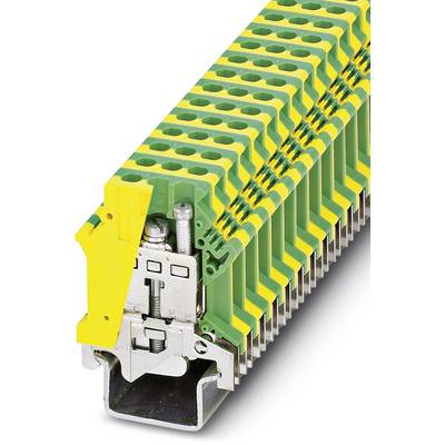 Une série de bornes de terre avec un boîtier vert et jaune, montées sur un rail. Les bornes possèdent des composants métalliques pour les connexions électriques.