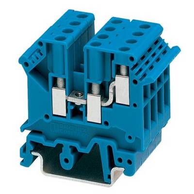 Bloc de connexion électrique bleu, composé de plastique avec plusieurs possibilités de raccordement et d'éléments métalliques de fixation.
