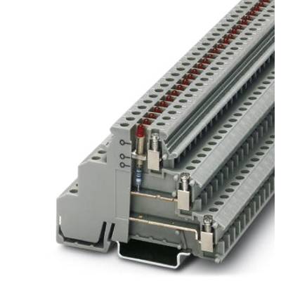Borne de connexion en gros plan : Barrette de connexion grise multiétages avec bornes métalliques et vis, adaptée pour un montage sur rail de support.