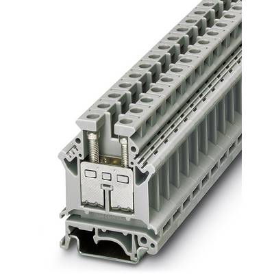 Barrette de bornes modulaire grise en plastique, pour connexions électriques, montrant les points de contact supérieurs et le mécanisme de vis.