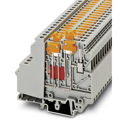 Un bloc de connecteurs gris avec des leviers orange et des connexions métalliques internes, destiné à être utilisé dans des circuits électriques.