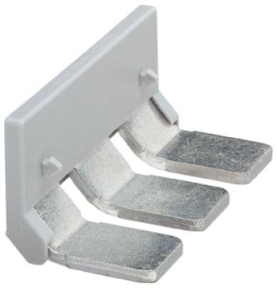 Bloc de plastique gris avec trois languettes métalliques plates et argentées, disposées parallèlement les unes aux autres.