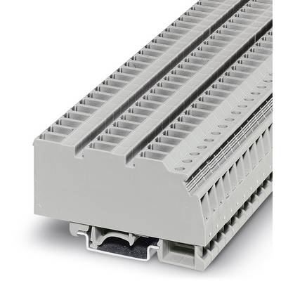 Une barrette de connexion grise à deux rangées de bornes, utilisée dans les tableaux électriques pour connecter et organiser les fils.