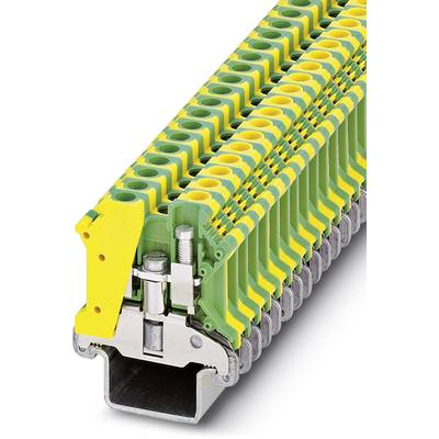 Rangée de bornes vert-jaunes sur une plaque de montage, illustrant la technique industrielle de connexion électrique.