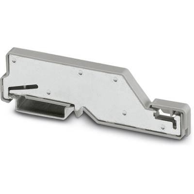 Un composant gris en métal et en plastique, façonné comme un morceau plat et coudé avec des ouvertures et des découpes.