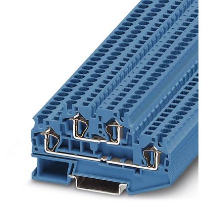 Bloc de jonction bleu avec plusieurs possibilités de connexion, utilisé pour la connexion électrique et l'organisation des câbles dans les armoires électriques.