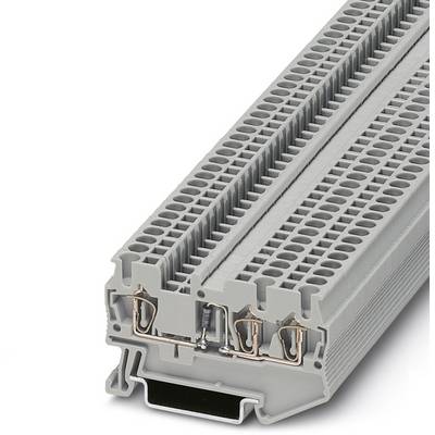 Bloc de bornes en vue latérale montrant plusieurs points de connexion pour un câblage électrique, avec un boîtier en plastique gris et des contacts métalliques.