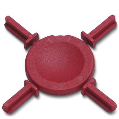 Objet en plastique rond et rouge avec quatre bras disposés uniformément et orientés vers l'extérieur.
