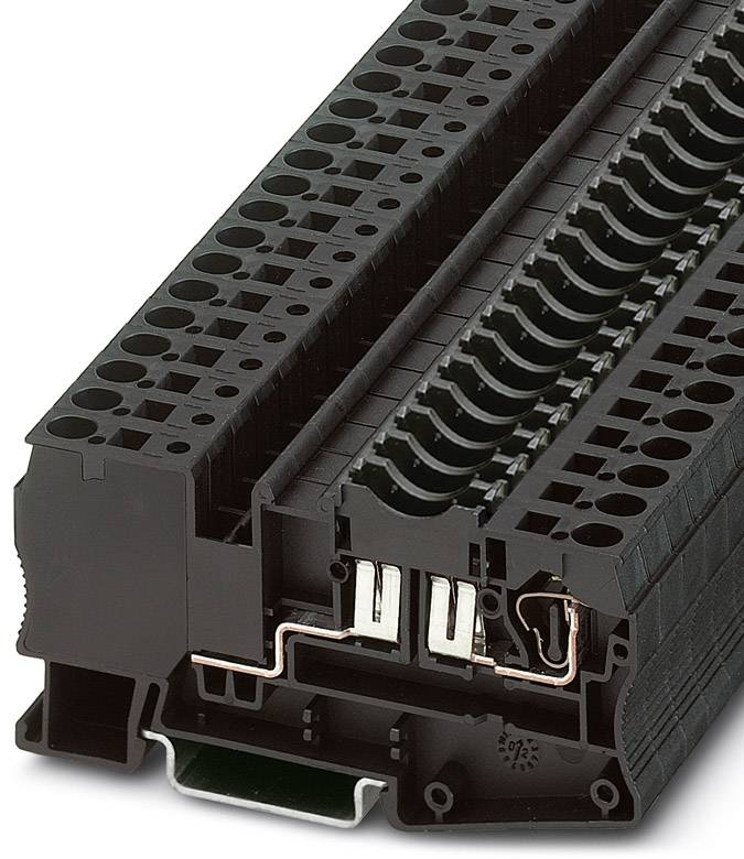 Coupe transversale d'une barrette de connexion électrique avec plusieurs rangées pour raccordements de câbles. Principalement fabriquée en plastique noir.