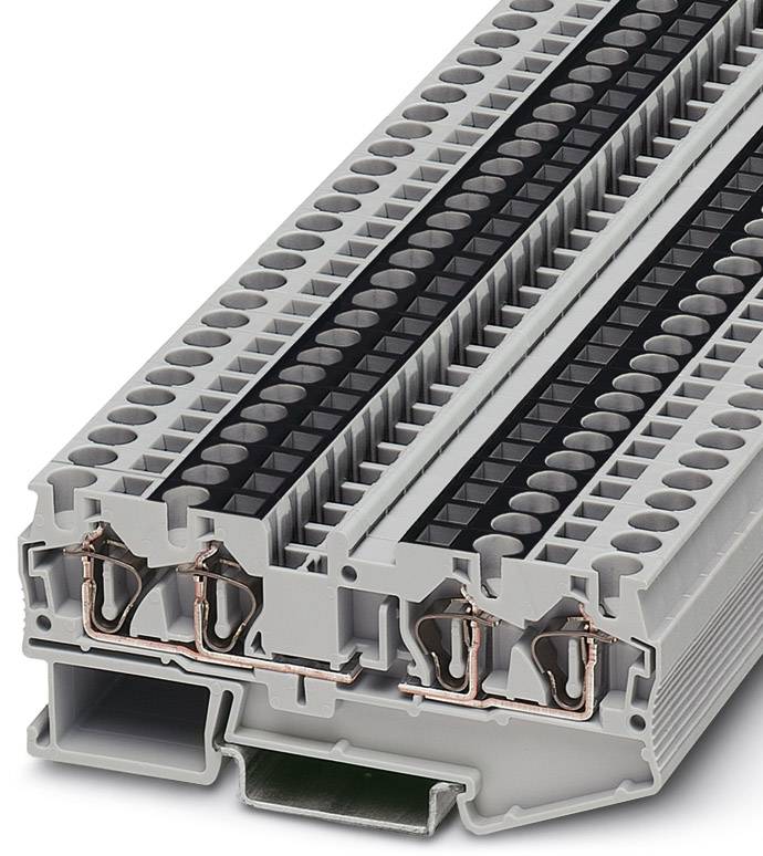 Barrette de connexion électrique à plusieurs bornes avec contacts en argent dans un boîtier gris, utilisée pour les installations électriques.