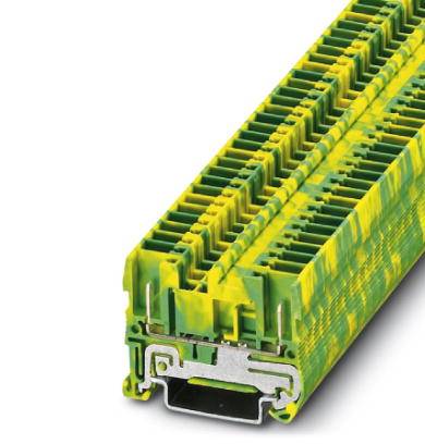 Un bloc de bornes à rangée jaune-vert avec connexion métallique, composant typique dans les armoires électriques pour les connexions de câbles.