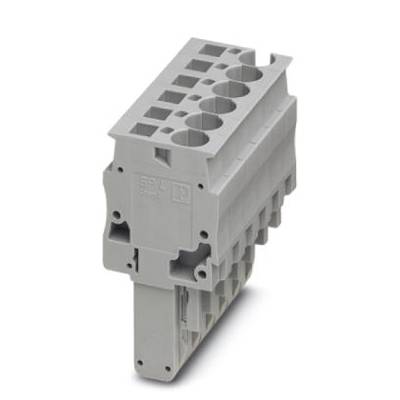 Boîtier de connecteur gris-gris avec plusieurs ouvertures de connexion et marqué d'un symbole.